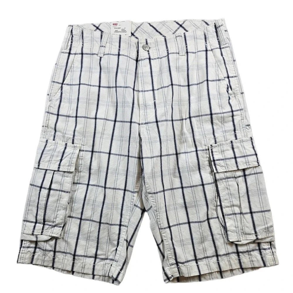 Levi's Cargo Shorts Mens 30 White Navy Plaid Cotton Relaxed Fit 505 Short NEW